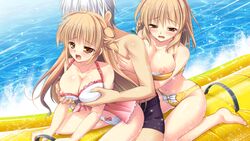 bikini blush breast_grab breasts brown_eyes brown_hair game_cg haruno_kaede manatsu_no_yoru_no_yuki_monogatari mikeou nipples sakura_haruno_(manatsu_no_yoru) swimsuit water