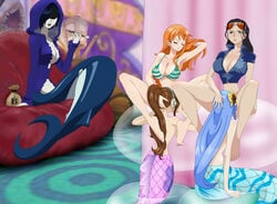 5girls adjusting_hair aqua_hair barefoot bikini_top black_hair blush bottomless breasts brown_hair bubble cleavage closed_eyes cunnilingus feet female female_only fins hand_on_head headphones highres human interspecies jpeg_artifacts large_breasts licking long_hair madame_shyarly mermaid mero mero_(one_piece) monster_girl multiple_females multiple_girls nami nico_robin one_piece oral orange_hair pipe ponytail post-timeskip prostitution seira_(one_piece) short_hair sitting smoking sunglasses sunglasses_on_head thick_thighs tied_hair umanonakama wide_hips yuri