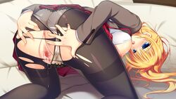 ass blonde_hair blue_eyes blush breasts censored game_cg kazamatsuri_koromo long_hair manatsu_no_yoru_no_yuki_monogatari mikeou nipples panties pantyhose pussy pussy_juice seifuku torn_clothes underwear