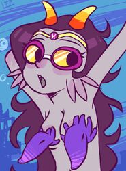 1girls black_hair blue_background blush breasts convenient_censoring crown cuttlefish embarrassed feferi_peixes female fins goggles grey_skin homestuck horns lemonteaflower long_hair ms_paint_adventures nude open_mouth solo startled troll underwater yellow_eyes