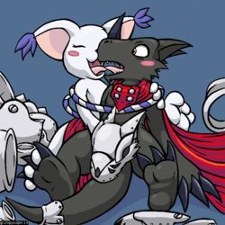 armor blush cape digimon dinosaur french_kiss gatomon grumpyvulpix14 hackmon interspecies lizard reptile scalie