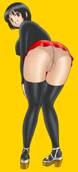 anus ass black_hair black_legwear breasts brown_eyes erect_nipples large_breasts leaning legs long_legs looking_back original pantyhose pussy sheer_legwear shoes short_hair skirt smile thighhighs thighs upskirt uraharukon