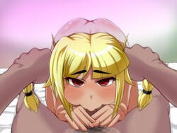 :>= beatmania beatmania_iidx bemani blonde_hair braid braids cheek_bulge dark-skinned_male deepthroat fellatio hair_pull irrumatio oral penis pulling_twintails red_eyes tian_xia tied_hair twintails ui_(fuugetsuin) uncensored