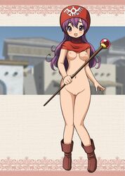 blush boots breasts censored dragon_quest dragon_quest_ii functionally_nude highres hood hood_up long_hair navel nipples nude princess_of_moonbrook purple_eyes purple_hair pussy ryunnu small_breasts smile staff vagina