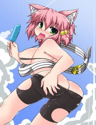 7th_dragon animal_ears ass backboob breasts cat_ears doriruneko female food green_eyes large_breasts looking_back nipples pink_hair popsicle sanada_mike short_hair solo