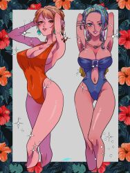 2girls adoptive_siblings armpits blue_hair busty cleavage curvy female female_only flowers guttari_soushi jewelry looking_at_viewer nami nojiko one-piece_swimsuit one_piece orange_hair posing post-timeskip seductive siblings sisters sparkles swimsuit tattoo thick_thighs voluptuous wide_hips