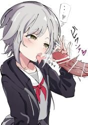 blowjob gray_hair green_eyes hinomori_shiho project_sekai stroking_penis tongue tongue_out