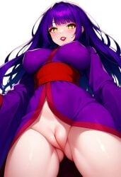 1girls ai_generated ass_visible_from_the_front ass_visible_through_thighs big_breasts blossomtea blush blush_lines breasts civitai cleft_of_venus cosplay covered_nipples crossover crossover_cosplay emi_(kitsune_no_hanashi) eyebrows eyebrows_visible_through_hair eyelashes eyelashes_visible_through_hair eyeshadow hassaku_xl highlights highlights_(coloring) japanese_clothes kimono labia labia_majora large_breasts light_blush lipstick long_hair looking_at_viewer low-angle_view makeup masa_works_design nipples_visible_through_clothing obi oni_to_kitsune_no_hanashi purple_hair purple_kimono pussy red_eyeshadow red_lips red_lipstick red_obi red_sash sakyu_basu sash self_upload simple_background solo teeth white_background wide_sleeves yandere_simulator yellow_eyes