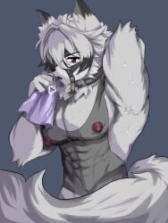 1boy anthro canid canine clothed clothing fluffy furry male_only mihoyo nipples oyogitsune pecs red_eyes sweat sweatdrop von_lycaon white_fur wolf zenless_zone_zero