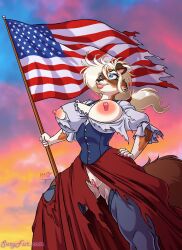 1girls 4th_of_july american_flag big_breasts blonde_hair canid canine ripped_clothing