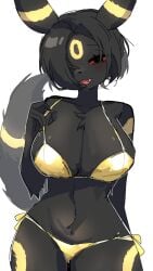 1girls big_breasts bikini black_fur black_hair blush celeste0nx eeveelution furry large_breasts pokemon pokemon_(species) red_eyes tail umbreon