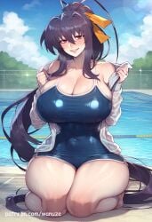 ai_generated akeno_himejima big_ass big_breasts big_butt big_thighs blue_swimsuit blush high_school_dxd huge_ass huge_breasts huge_butt huge_thighs kneeling purple_hair red_eyes school_swimsuit sweat swimsuit wanuze wide_hips