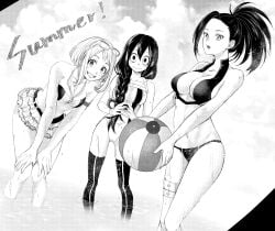 bare_arms bare_belly bare_shoulders beach beachball belly_button bent_over big_breasts bikini black_and_white blush braid breasts cleavage closed_mouth cloud collarbone frilled_skirt frills hair_pulled_back hands_on_own_knees hands_together long_hair medium_breasts momo_yaoyorozu multiple_girls my_hero_academia ocean ochako_uraraka one-piece_swimsuit open_mouth outdoors partially_submerged ponytail short_hair skirt smile summer sunglasses sunglasses_on_head suzu_(tg_390) swimsuit thigh_strap thighhighs thighs tsuyu_asui underboob water wet_body zettai_ryouiki