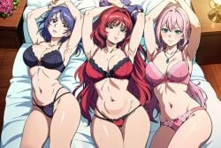 3girls ai_generated aniyome_wa_ijippari armpits big_breasts blue_hair breasts busty cleavage cleft_of_venus curvaceous curvaceous_female curvaceous_figure curves curvy curvy_body curvy_female curvy_females curvy_figure curvy_thighs facing_viewer female female/female/female female_focus female_only fit_female front_view hips hourglass_figure inner_sideboob inner_thighs katsuragi_mai large_breasts laying_down laying_on_back laying_on_bed long_hair looking_at_viewer midriff milf mostly_nude pink_hair red_hair short_hair sideboob skimpy skimpy_bikini skimpy_panties tagme tagme_(character) takama_kozue thick_thighs thigh_gap thighs thong toned toned_female very_long_hair wide_hips