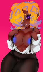 1girls big_breasts black_pants breasts hair_covering_eye large_breasts navel nintendo nipples no_bra octoling octoling_girl open_shirt pink_background purple_eyes simple_background solo solo_female solo_focus splatoon suspenders tao_blu_(splatoon) vespbee