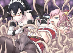 belt black_hair blue_eyes bondage breasts buruma christmas cleavage dawy demon_girl elbow_gloves erection femdom futanari futasub glasses gloves intersex necktie original pale_skin panties panties_under_pantyhose pantyhose penis pink_hair precum restrained slit_pupils striped striped_panties sweat tentacle underwear white_panties wings