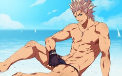 1boy black_monkey blue_eyes eyes human jacky_bryant male male_only mazjojo muscles nipples nude ocean outdoors pose sega solo topless virtua_fighter wet