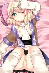 1girls bed_sheet blonde_hair blush female flat_chest green_eyes haruta_(806060) lying mizuhashi_parsee nipples no_panties on_back open_clothes pillow pointy_ears pussy solo touhou wince wink