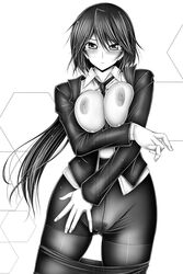 between_breasts black_and_white black_hair black_legwear blouse blush breasts breasts_out business_suit business_woman cleavage dress_shirt formal infinite_stratos large_breasts long_hair monochrome necktie necktie_between_breasts nipples no_panties office office_lady orimura_chifuyu otone pantyhose pencil_skirt pointy_chin pubic_hair shiny shiny_skin simple_background skirt skirt_suit suit white_blouse white_shirt