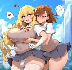 +_+ 2girls ai_generated big_breasts blonde_hair blush breasts breasts_bigger_than_head brown_eyes brown_hair cloud day elbow_gloves erection_under_clothes futanari gloves grabbing grabbing_from_behind heart hokuhou_misaki large_breasts long_hair misaka_mikoto multiple_girls outdoors panties pleated_skirt racerai school_uniform short_sleeves shorts skirt sky smile sweater_vest symbol-shaped_pupils thighhighs to_aru_kagaku_no_railgun to_aru_majutsu_no_index underwear white_gloves white_legwear white_panties yellow_eyes yuri