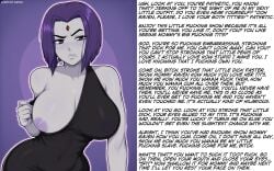 1girls ai_generated big_breasts breasts caption dc dc_comics dirty_talk english_text female female_only goth justice_league one_tit_out purple_hair rachel_roth raven raven_(dc) saucy_trove see-through_clothing see-through_dress sheer_dress solo teen_titans text wall_of_text zapkin