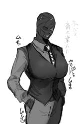 1boy 1girls ass bandage_on_face bandage_over_one_eye bandaged_head bandages big_breasts black_necktie black_vest breasts collared_shirt commentary_request dress_shirt female genderswap_(mtf) goto_saiki grey_background highres huge_ass huge_boobs huge_breasts japanese_text large_boobs large_breasts long_sleeves looking_at_viewer male_focus masked_female necktie numuhe_ parted_lips patterned_clothing plump purple_shirt red_eyes rule_63 saiki_gouto shirt smile solo standing text thick_thighs top_heavy translation_request tsukihime tsukihime_(remake) upper_body vest wide_hips wing_collar