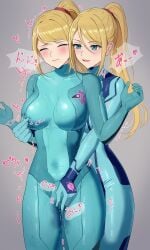 2girls :d absurdres amayo_thranana blonde_hair blue_bodysuit bodysuit closed_eyes covered_navel dual_persona fingering fingering_through_clothes grabbing_another's_breast grabbing_from_behind grey_background groping highres long_hair metroid multiple_girls nipple_stimulation nipple_tweak nipple_tweak_through_clothes open_mouth ponytail samus_aran selfcest simple_background skin_tight smile standing through_clothes variant_set yuri zero_suit