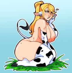 1girls annoyed annoyed_expression big_areola big_ass big_breasts big_nipples bimbo bimbofication blonde_hair bluueygooey cow_ears cow_girl cow_girl_transformation cow_print cow_print_armwear cow_print_legwear cow_print_thighhighs cow_tail cowgirl curvaceous curvy curvy_female female female_focus female_only green_eyes heavy_breasts huge_ass huge_breasts metroid partial_transformation samus_aran sweatdrop thick_thighs thighhighs thighs transformation