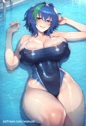 ai_generated big_ass big_breasts big_butt big_thighs blue_eyes blue_hair blue_swimsuit blush high_school_dxd huge_ass huge_breasts huge_butt huge_thighs lying pool school_swimsuit sweat swimming_pool swimsuit wanuze wide_hips xenovia_quarta