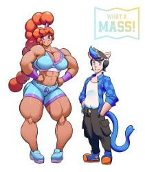 1boy 1girls abs biceps big big_ass big_biceps big_breasts big_butt big_muscles blue_fur braid breasts catboy female flexing flexing_biceps gym gym_clothes height_growth hyper_muscles latina muscle_growth muscles muscular muscular_arms muscular_female muscular_legs muscular_thighs red_hair sneakers thighs tight_clothing veins veiny_muscles what_a_mass!