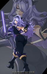 1girl ass backless_outfit big_breasts boots bottom_heavy breasts bubble_butt camilla_(fire_emblem) ceroccb crown dat_ass dumptruck_ass female female_only fire_emblem fire_emblem_fates greaves large_ass large_breasts lightning lightsaber lilac_hair long_hair looking_back pale-skinned_female pale_skin princess purple_eyes purple_lightsaber royalty skintight spankable_ass star_wars