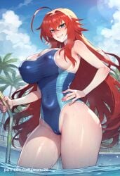 ai_generated big_ass big_breasts big_butt big_thighs blue_eyes blue_swimsuit blush high_school_dxd huge_ass huge_breasts huge_butt huge_thighs red_hair rias_gremory school_swimsuit standing sweat swimsuit wanuze wide_hips