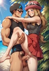ai_generated beach buff_male cum female glasses male pokemon raw_sex serena_(pokemon) sex skinny_female swimmer_(pokemon_xy) tan_body