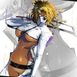 1girls artist_request ass big_breasts bleach blonde_hair breasts busty covered_mouth curvy dark-skinned_female dark_skin espada exposed_ass female female_only redgray21st skimpy skimpy_clothes solo sword tia_harribel underboob