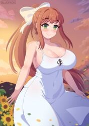 bluefrok blush breasts cleavage doki_doki_literature_club dress female female_only green_eyes huge_breasts long_hair monika_(doki_doki_literature_club) nervous nervous_smile ponytail smiling tagme