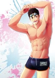 1boy abs armpit_hair armpits arms_up brown_hair goggles goggles_on_head haikyuu!! male male_only marker mature_male meisho_hanten muscles muscular muscular_arms muscular_male open_mouth pecs red_eyes sawamura_daichi short_hair six_pack solo splatter stretching swimming_trunks swimsuit v-shaped_eyebrows