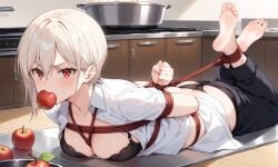 ai_generated apple_gag apple_in_mouth arms_tied_behind_back black_bra black_panties bondage bound_ankles gag gagged hogtied looking_at_viewer nakiri_alice on_counter red_eyes shokugeki_no_souma white_hair