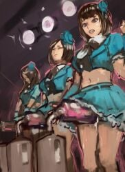 3futas brown_hair crop_top cum ejaculation futanari hair_ornament idol kmaro milking_cum milking_machine skirt