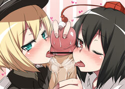 black_hair blonde_hair blush clothing collaborative_fellatio crossover cum erica_hartmann fellatio green_eyes hanabi_(ocha) hat huge_cock insertion licking male_urethral_insertion military military_uniform multiple_fellatio multiple_girls open_mouth oral penis precum red_eyes shameimaru_aya short_hair strike_witches symbol-shaped_pupils teamwork threesome tongue touhou uniform urethral_insertion wink