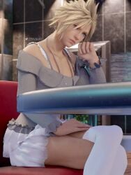 1boy 3d blonde_hair blue_eyes cloud_strife cloudmateria crossdressing femboy feminine_male final_fantasy final_fantasy_vii light-skinned_male light_skin outside posing sitting sitting_on_chair skirt square_enix tagme thighhighs thighs trivia3d_(cloudmateria) twink white_skin