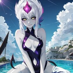 ai_generated bodysuit cute cute_face evelynn pool pool_party smile smiling succubus swimsuit swimwear white_body white_hair yellow_eyes