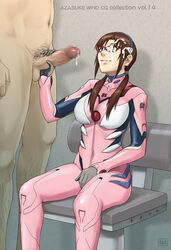 1girls azasuke bodysuit breasts brown_hair censored cfnm clothing cum cum_on_glasses cum_on_hair facial female glasses green_eyes hair handjob highres human large_breasts light-skinned_female light_skin long_hair looking_up mari_illustrious_makinami neon_genesis_evangelion penis pilot_suit plugsuit pubic_hair rebuild_of_evangelion sitting smile standing tied_hair twintails