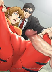 asuka_langley_sohryu azasuke black_hair blue_eyes breasts cameltoe censored clothing female glasses hair highres long_hair looking_down medium_breasts necktie neon_genesis_evangelion open_mouth orange_hair penis plugsuit serious short_hair spread_legs sunglasses sweat