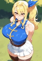 ai_generated armpits blonde_hair blush breasts brown_eyes dark-skinned_male fairy_tail female huge_breasts juuicyai lucy_heartfilia massive_ass massive_breasts sweat thicc_thighs