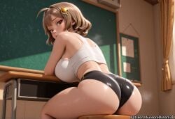 ahoge ai_generated anis_(nikke) ass bare_shoulders black_buruma black_shorts breast_rest breasts brown_eyes brown_hair buruma chalkboard classroom crop_top desk female from_behind goddess_of_victory:_nikke hair_ornament indoors large_breasts looking_at_viewer looking_back meitabuu school_desk short_hair shorts sitting solo