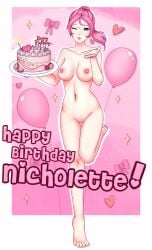 1girls balloon barefoot birthday birthday_cake blue_eyes breasts completely_nude completely_nude_female female female_only long_hair navel navel_piercing nicholette_(zamo-jus-97) nicholette_jeune_zavala nipples nude nude_female nudist pink_hair ponytail pussy solo voicexofxviolence zamo-jus-97