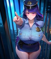 1girls ai_generated bangs belt blue_shirt blush breast_pocket breasts breasts_bigger_than_head closed_mouth cuffs depressu embarrassed genshin_impact handcuffs hat huge_breasts indoors long_hair looking_at_viewer miniskirt mole mole_under_mouth pocket pointing pointing_at_viewer police police_hat police_uniform policewoman pov purple_eyes raiden_shogun shirt skirt sweat thighs uniform