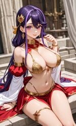 abdomen accessory ai_generated belly_dancer black_hair blush dancer hi_res huge_breasts kurosaki_ruri lipstick looking_at_viewer lulu_obsidian purple_hair red_eyes sitting smile solo thighs yu-gi-oh! yu-gi-oh!_arc-v