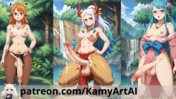 ai_generated animal_humanoid cum front_view futa_only futanari hairy hairy_legs kamyartai kozuki_hiyori large_penis monster_girl nami one_piece penis satyr satyress semi_public wano_country yamato_(one_piece)