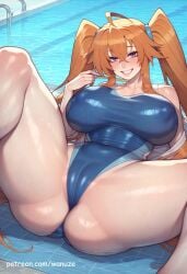 ai_generated big_ass big_breasts big_butt big_thighs blue_swimsuit blush cameltoe covered_nipples high_school_dxd huge_ass huge_breasts huge_butt huge_thighs orange_hair purple_eyes school_swimsuit shidou_irina spread_legs sweat swimsuit twintails wanuze wide_hips